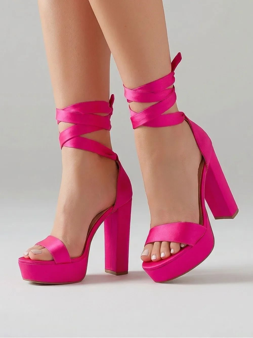 Feminine Hot Pink Satin Platform Ankle-Tie Heels
